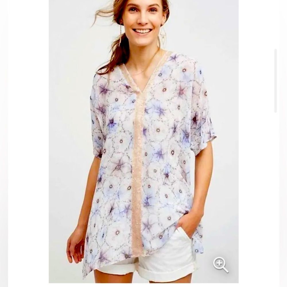 Anthropologie One September sequins blue white black floral, two piece Blouse-S